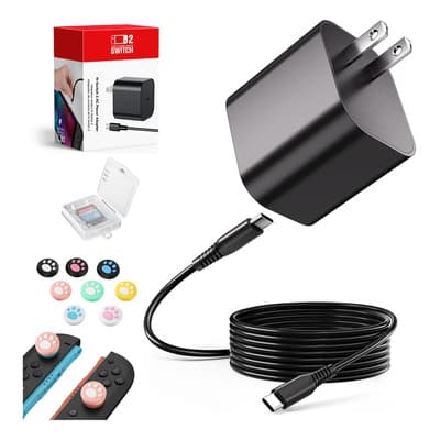 60W Cargador Rápido para Nintendo Switch/lite Fuente de Alimentación para Consola de Videojuegos Switch 2 Adaptador AC 20V/3A con Cable 1.5 Metros+8 Tapas para Joystick+ Caja para Tarjetas de Juego