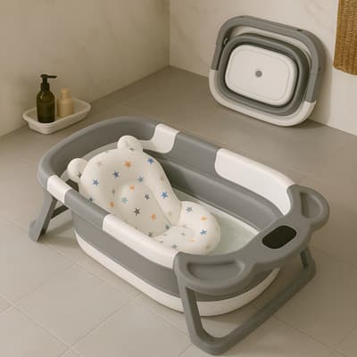 Bañera Bebbly Para Bebé Con Sensor De Temperatura Y Cojín Antideslizante, Segura Para Bebé Recién Nacido A 12 Meses. ¡garantiza Tranquilidad Y Practicidad Gris Estrellas