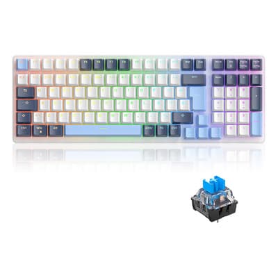 Free Wolf K3 Teclado Mecánico Gamer con Ñ, 98 Teclas PBT Teclado Cableado, Teclados para Juegos, Teclado QWERTY, 10 Efectos RGB de Luz, Teclas Personalizables, Azul/Blanco Keycaps（Switch Verde）