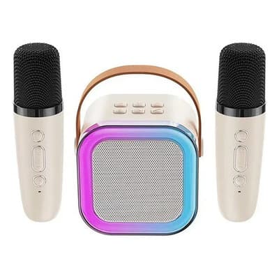 2 Micrófonos Karaoke + Bocina Bluetooth Portátil Para Niños Blanco