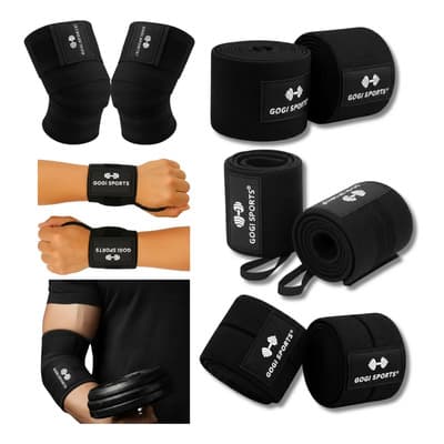 Kit Vendas Para Rodilla Knee Wraps + Coderas +muñequeras Gym Color Negra