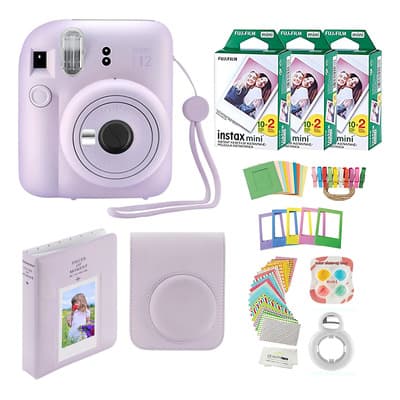 Fujifilm Instax Mini 12 - Cámara Instantánea Con Funda, 60 Impresiones De Fujifilm, Calcomanías Decorativas, Marcos, Álbum De Fotos Y Más Accesorios (morado Lila)