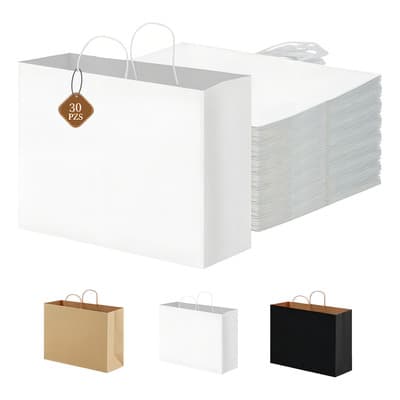 30 Pcs Bolsas De Papel Ecológicas Portátil Decorativas Regalo 32*11*25cm Blanco Foofoo®