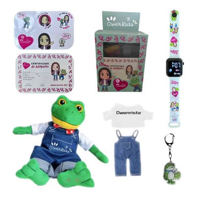 Owenpluch Igdeashop Rene Peluche Rana Presentesbonitos Para Bebés Lara 30cm Rana Rene Lara Campos Con Overol Set De Piezas: 1 Reloj, 1 Llavero Y Tarjetas, Pegatinas, 1 Peluche De Rana Y 1 Caja Verde - $396.24 en Mercado Libre | PrecioMX