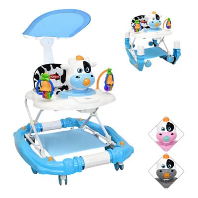 Andadera Para Bebé Mecedora Vaca Con Sonido Bastón Y Toldo Celeste Joykoo
