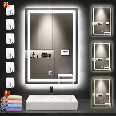 Espejo Rectangular Con Luz Led 50 X 70 Cm 3 Tonos De Luz Fría Neutra Cálida Atenuable Para Baño O Tocador Interruptor Táctil Montaje Vertical + Ganchos Transparentes 6pzs + Toallas 4pzs LUZMASCOTA