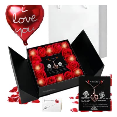 Caja De Rosas Eternas Rojas Con Collar Y Aretes Te Amo 100 Idiomas Y Luces Rojo - $195.30 en Mercado Libre | PrecioMX