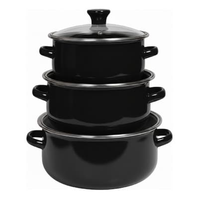 Juego De 3 Ollas De Peltre Con Tapa De Cristal Tradicional Negro