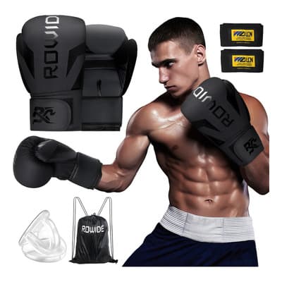 Guantes Boxeo LINGLUCKY Rowide® 14oz Negro Kickboxing Velcro Adultos