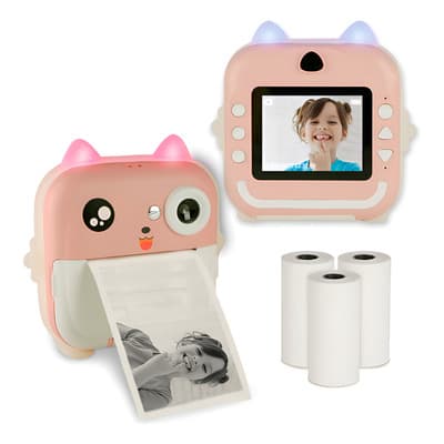 Camara para Niños con Impresion Instantanea de Fotos, Graba Video, 5 Juegos, 20 Marcos, App de Celular, Pantalla 2.4 Pulgada, Incluye 3 Rollos