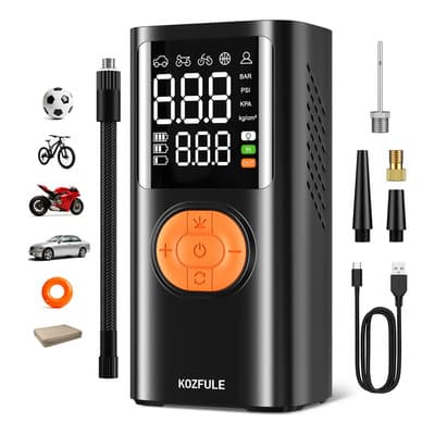 Compresor de Aire 150psi Eléctrico Portátil 5 modos con Led Luz y pantalla, KOZFULE Kit de Inflador Inalámbrico con 4 Boquillas para Auto y Llantas, 8000mah Power Bank Recargable para uso diario