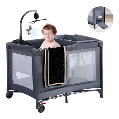 Cuna Corral Bebé Colecho Plegable Con Cambiador Y Ruedas Color Gris Oscuro Diseño De La Tela Liso