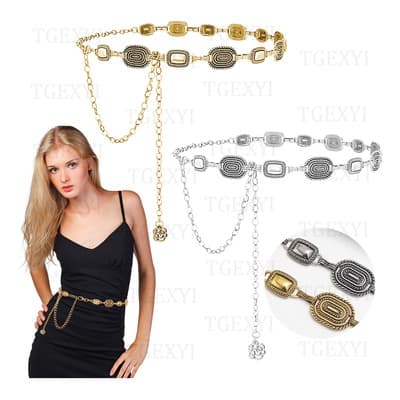 Tgexyi® 2 Pzs Oro Y Plata Cinturones Mujer De Metal Cadena Dama Moda Joven Cintos, Para Jeans De Vestir, 115cm, Longitud Ajustable,Cinturones Mujer Vaquero