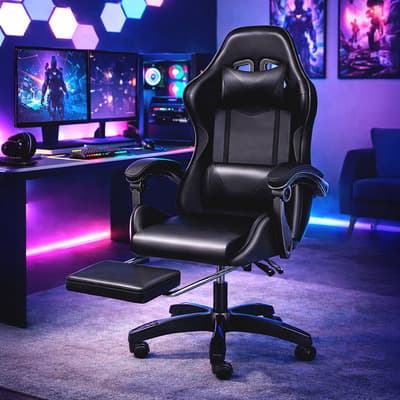 Silla Gamer Ergonómica Reclinable Con Reposapiés Y Cojines. Negro Piel