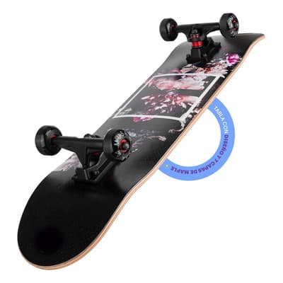 Patineta Completa Musa Profesional Flores Ruedas Negras Maple Canadiense 7 Capas Abec 7 para Trucos y Skatepark 33 X8 Trucks Aluminio Lija Incluida