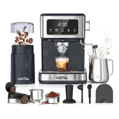 Dear Day Cafetera con Molino de Café Independiente, Mango para Cápsulas y Mango para Café Molido, Prensa de Café, Jarra de Espuma, Tapete para Prensado, Cuchara Dosificadora y Cepillo de Limpieza