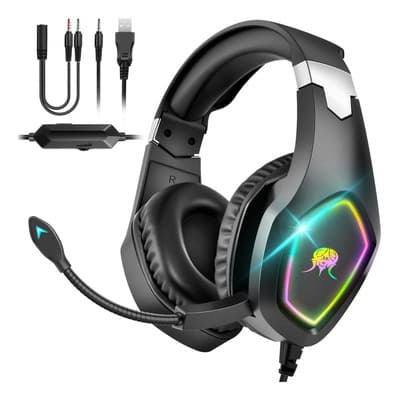 Kuiiyer Audífonos Gamer Diadema 7.1 Audio Estereoscópico Negro Gaming Headset Con Microfono Con Luz Rgb Led Para Xbox Ps4 Pc