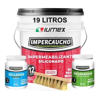 Paquete Impermeabilizante Termico Impercaucho Reduce Hasta 8 Grados Cubeta 19 Litros + Sellador + Resanador + Cepillo Fibratado Rinde 20m2 Color Blanco Satinado - $1,149.00 en Mercado Libre | PrecioMX