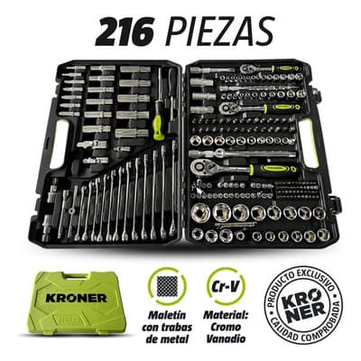 Kit Juego De Dados Llaves Y Puntas 216 Pzas Cromo V. Kroner Color Verde lima