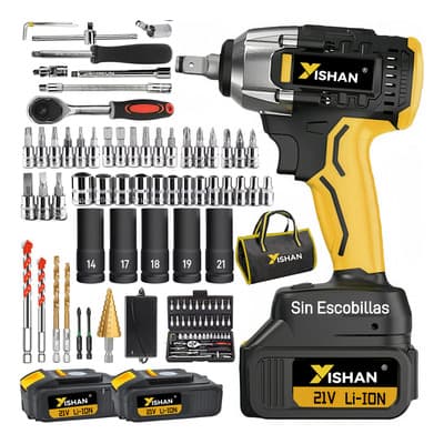 Llave de impacto inalámbrica 450Nm 21V 1/2" motor sin escobillas con 2 baterías cargador y dados herramienta eléctrica profesional para mecánica automotriz cambio de llantas autos YISHAN