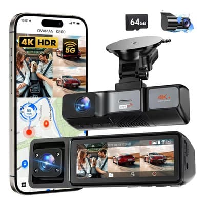 4k+1080p+1080P Cámara Para Auto Y Carro 3 Canales Hzero F5, Dashcam Con 5.8G Wifi Y GPS Para Automovil, Pantalla Hd De 3.2 Inch, App De Control, Visión Nocturna, G-sensor, Tarjeta De 64gb