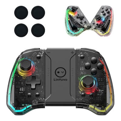 Gamepad Bluetooth Linyuvo con empuñaduras para Nintendo Switch, color negro/transparente