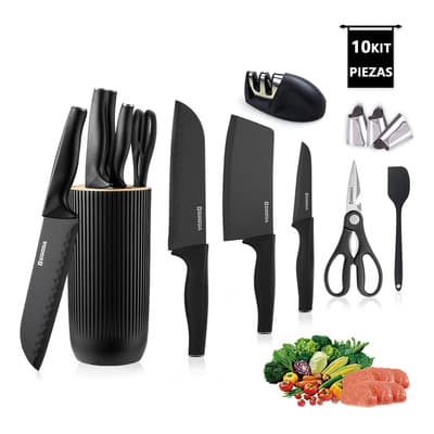 Monteratillo® Juego De Cuchillos De Cocina Profesional Con Base 10 Piezas Color Negro,cuchillo chef profesional，Juego De 10 Cuchillo De Acero Inoxidable Familain knife set