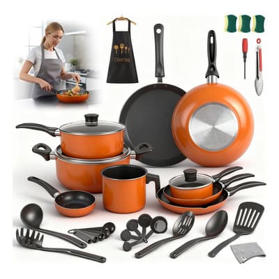 Batería De Cocina SUSASSY 34pzs Antiadherente Juego De Sartenes Wok Y Ollas En estufa de gas y estufa eléctrica Incluye Cucharas, Pinzas, Vaporera, Delantal Y Paños De Limpieza