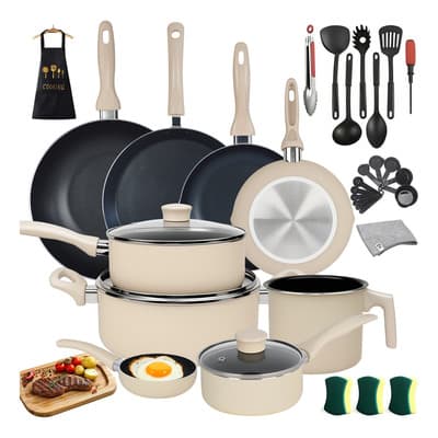 Batería De Cocina 34 Piezas Con Antiadherente Titanium, Fácil Limpieza, Juego Completo De Ollas Y Sartenes Para Gas, Incluye Olla Sopera, Wok, Accesorios Completos Y Delantal Crema