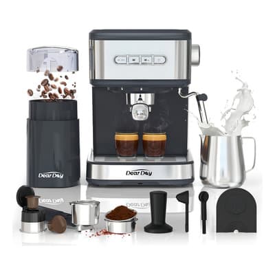 Dear Day Cafetera con Molino de Café Independiente, Mango para Cápsulas y Mango para Café Molido, Prensa de Café, Jarra de Espuma, Tapete para Prensado, Cuchara Dosificadora y Cepillo de Limpieza