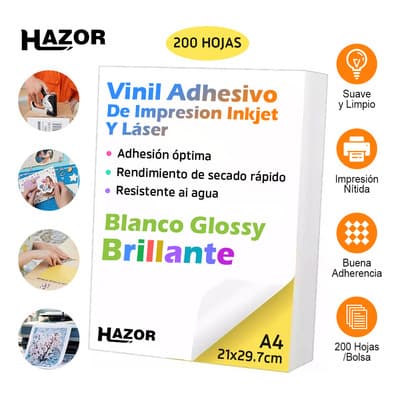 Hazor® 200 Hojas A4 Espesado Vinil Adhesivo Papel Briiiante 2 Kg Vinilos Pared Apto Impresoras De Tinta Y Vinil Imprimible Laser Adhesivo Para Etiquetas 21x29.7cm Color Blanco Blanco Briiiante