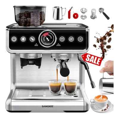 SANGKEE Cafetera Espresso Para Negocio 20 Bar, Máquina De Espresso Con Sistema De Calentamiento, Espumador De Leche Y Molino 30 Ajustes, Pantalla Táctil, Kit Barista Completo Para Capuchinos Lattes