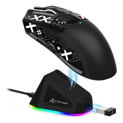 Attack Shark X11 Mouse Gamer Inalambrico Recargable, 22000DPI Raton Gamer Con Base De Carga Magnética RGB, PAW3311 Sensor Óptico, Botones Programables, 2.4 Ghz/bluetooth/USB, Regalar Pegatinas, Negro