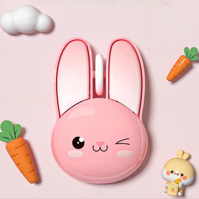 Mouse Inalámbrico Silencioso Conejo Adorable - Ergonomico, 5 Colores (Rosa/Azul), USB Plug & Play, Incluye Pilas + Stickers - Regalo para Oficina/Estudio
