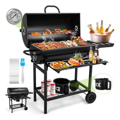 15.5'' Asador De Carbón Parrilla Con Ruedas Móviles,70x34cm Grande, Termómetro Integrado +Cenicero Extraíble, Parrilla Doble Capa Anti-Calor para Barbacoas Familiares, Picnics y Camping al Aire Libre