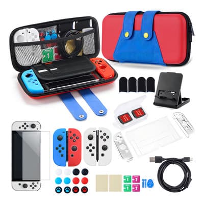Kit Knwell Rfca34 de estuche y accesorios para nintendo switch oled 34pzs color azul y rojo