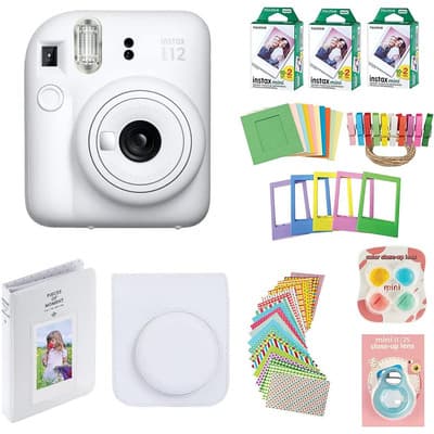 Fujifilm Instax Mini 12 - Cámara Instantánea Con Funda, 60 Impresiones De Fujifilm, Calcomanías Decorativas, Marcos, Álbum De Fotos Y Más Accesorios (blanco Arcilla)