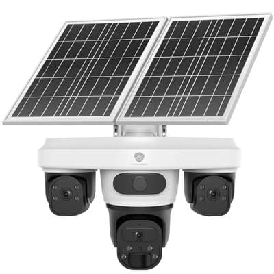 Cámara De Seguridad Cavisec Solar 4g Triple Lente 9mp Hd Con Doble Panel Solar 5w Ptz De Chip Sim Sin Wifi Ni Electricidad Visión Nocturna para Rancho Finca Impermeable Detecta movimiento Graba video