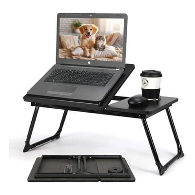 Mesa Plegable Para Laptop Mesa De Cama Ajustable Portatil Negro Mesita De Noche De Dos Niveles Con Portavasos Y Alfombrilla Antideslizante