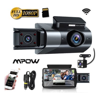 Cámara Automóvil Dashcam Wifi De 3 Canales Hd 1080p Carro Mpow, Sd 32Gb Incluida, Con Pantalla, 170° Gran Angular, Visión Nocturna, Grabación En Bucle, Sensor G, Control De App, Modo Estacionamiento