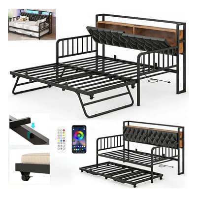 Base Cama King Size Multifuncional Cabecera Tapizado Y Led Negro Twin-king
