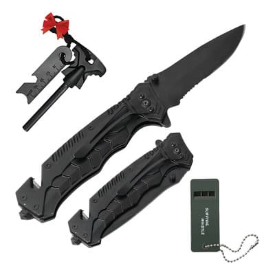 Naiwant® Cuchillo Táctico Y Piedra De Fuego Silbato De Supervivencia 3pzs Plegable Navajas Tacticas Portátil Multiherramien Abrebotellas Para Pesca Camping Militar Defensa Personal Color Negro
