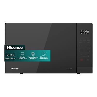 Hisense 1.6 C.F. Capacidad, Modo Combi Grill, Tecnología Inverter, 32menús mexicanos preestablecidos, Cristal De Seguridad, Revestimiento Cerámico, ECO y Mute, Espejo Negro, HMMG4211BMVG