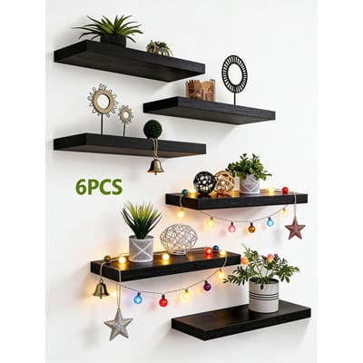 Furrific® Repisa Flotante De Madera Rústica Negros, Pack De 6 Estantes Flotantes, Ideales Para Baño, Sala, Dormitorio Y Cocina, Estante Perfectos Para Almacenamiento Y Decoración Negro