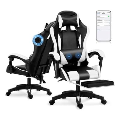 Silla Gamer Granleyelé Con Masaje Reposapiés Reposacabezas Cojín Lumbar Reclinable Giratoria Ergonómica-Blanco y Negro