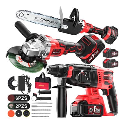 Kits De Taladro Rotomartillo Y Esmeriladora Angular Y Motosierra Inalámbrica FAGHTO 3500W Martillo Rotomartillo Cincelador Perforador Industrial SDS-PLUS Inalámbrica Con 2 Baterías 21V 8.0Ah-(8000mAH)