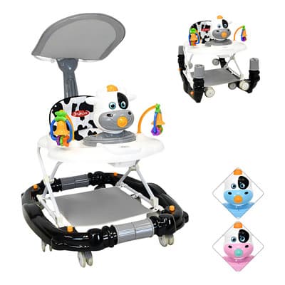 Andadera Para Bebé Mecedora Vaca Con Sonido Bastón Y Toldo Negro Joykoo
