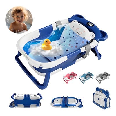 Bañera Tina Baño Bebe Plegable Portátil Con Cojín Termómetro Color Azul Marino Animales