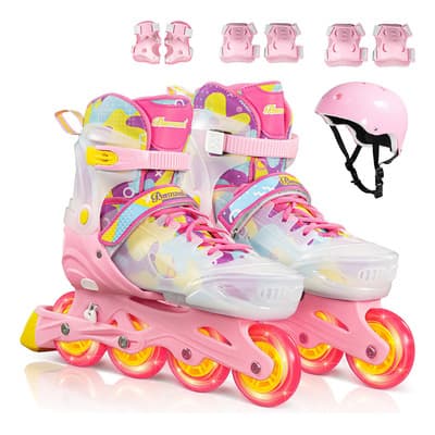 Patines Linea Rosas Luz Led Niños Adultos Kit Seguridad Color Rosa Talla De Los Patines S Tamaño De Las Ruedas 0 Mm