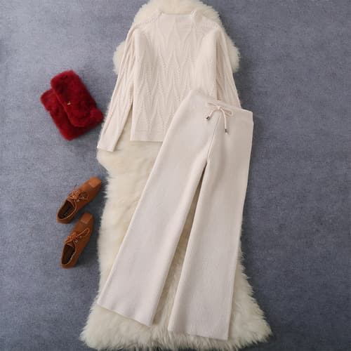 Conjunto De 2 Piezas De Punto Para Mujer Redondo Y Pantalone